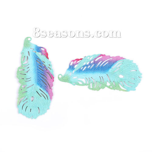 Picture of Iron Based Alloy Enamel Painting Pendants Feather Green Multicolor Filigree Stamping 60mm x 27mm, 5 PCs