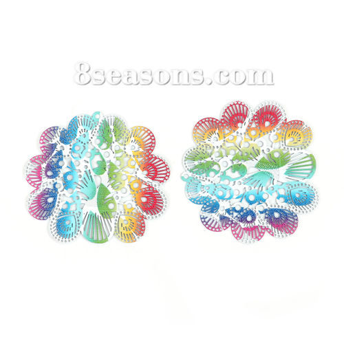 Picture of Iron Based Alloy Enamel Painting Pendants Flower Green Multicolor Filigree Stamping 50mm x 46mm, 5 PCs
