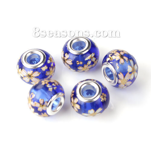 Picture of Glass Japan Painting Vintage Japanese Tensha European Style Large Hole Charm Beads Round Silver Plated Sakura Flower Royal Blue Transparent About 14mm Dia, Hole: Approx 4.7mm, 5 PCs