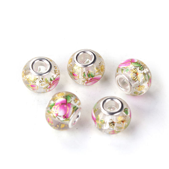 Picture of Glass Japan Painting Vintage Japanese Tensha European Style Large Hole Charm Beads Round Silver Plated Sakura Flower Royal Blue Transparent About 14mm Dia, Hole: Approx 4.7mm, 5 PCs