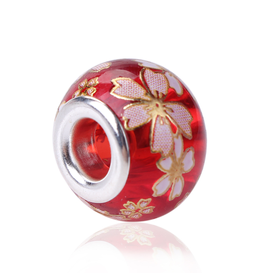 Image de Perles à Gros Trou au Style Européen Peinture Japonaise Vintage Japonais Tensha en Verre Rond Argenté Sakura Rouge Transparent Env. 14mm Dia., Tailles de Trous: 4.7mm, 5 Pcs