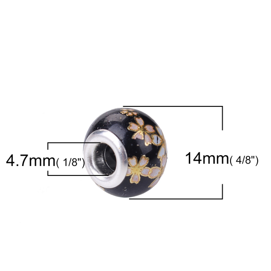 Picture of Glass Japan Painting Vintage Japanese Tensha European Style Large Hole Charm Beads Round Silver Plated Sakura Flower Black About 14mm( 4/8") Dia, Hole: Approx 4.7mm, 5 PCs