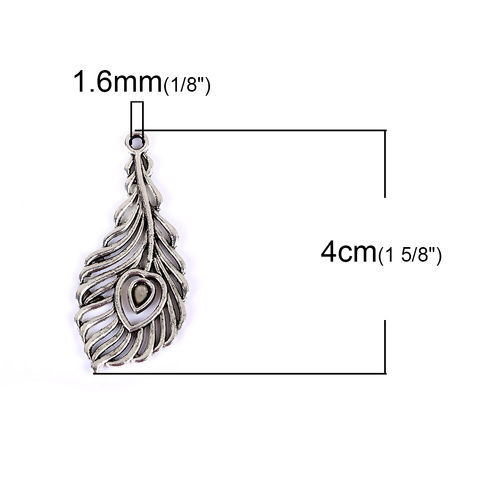 Image de Pendentifs en Alliage de Zinc Plume Argent Vieilli 40mm x 18mm, 20 Pcs