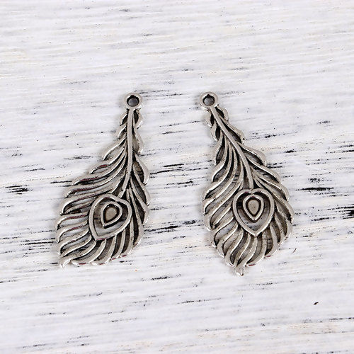 Image de Pendentifs en Alliage de Zinc Plume Argent Vieilli 40mm x 18mm, 20 Pcs