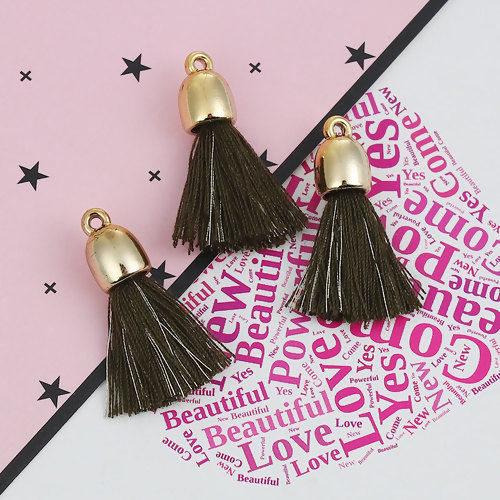 Изображение Хлопок Подвески Кисточка С Филиграной Позолоченный Пластиковый Наконечник Оливковая Зелень 3.5см, 20 ШТ