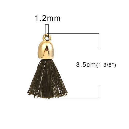 Изображение Хлопок Подвески Кисточка С Филиграной Позолоченный Пластиковый Наконечник Оливковая Зелень 3.5см, 20 ШТ