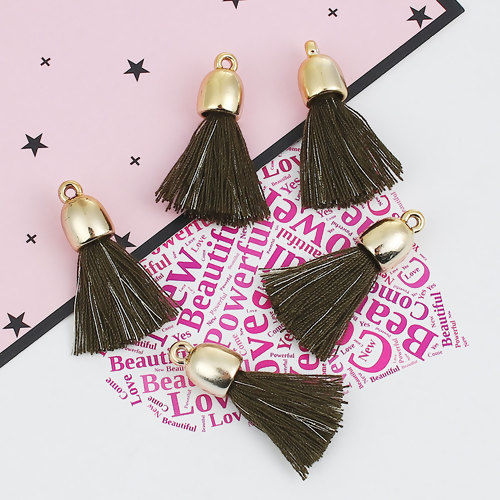 Изображение Хлопок Подвески Кисточка С Филиграной Позолоченный Пластиковый Наконечник Оливковая Зелень 3.5см, 20 ШТ