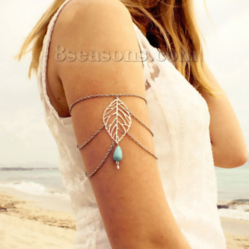 Picture of Body Arm Chain Necklace Silver Tone Drop Leaf Green Blue Imitation Turquoise 21.8cm(8 5/8") long, 1 Piece