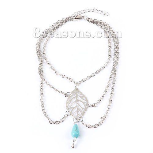 Picture of Body Arm Chain Necklace Silver Tone Drop Leaf Green Blue Imitation Turquoise 21.8cm(8 5/8") long, 1 Piece