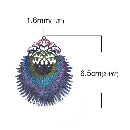 Image de Pendentifs en Alliage de Fer Plume de Paon Multicolore Estampe en Filigrane 65mm x 51mm, 5 Pcs