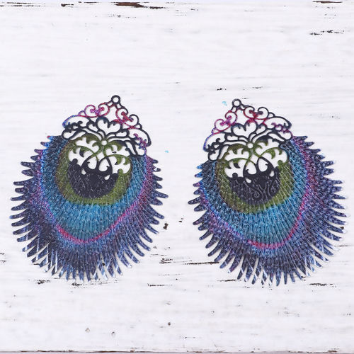Image de Pendentifs en Alliage de Fer Plume de Paon Multicolore Estampe en Filigrane 65mm x 51mm, 5 Pcs