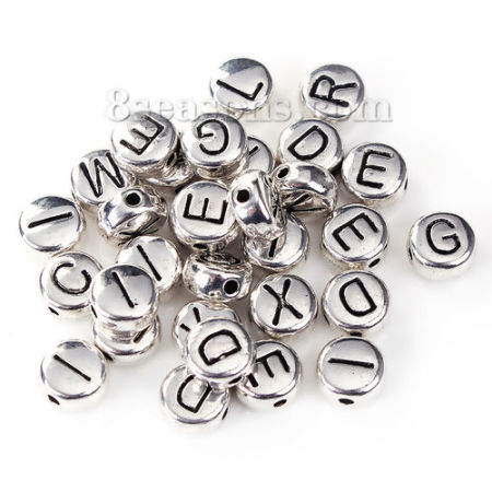 Zinc Based Alloy Spacer Beads Round Silver Tone At Random Mixed Initial Alphabet/ Letter About 6mm Dia, Hole: Approx 0.8mm, 100 PCs