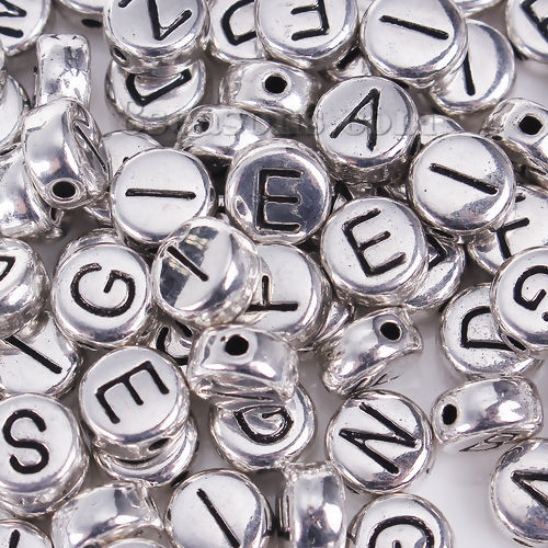 Picture of Zinc Based Alloy Spacer Beads Round Silver Tone At Random Mixed Initial Alphabet/ Letter About 6mm Dia, Hole: Approx 0.8mm, 100 PCs