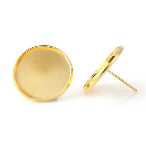 Picture of Brass Ear Post Stud Earrings Findings Round Gold Plated Cabochon Settings (Fit 18mm Dia.) 20mm( 6/8") x 14mm( 4/8"), Post/ Wire Size: (20 gauge), 10 PCs                                                                                                      