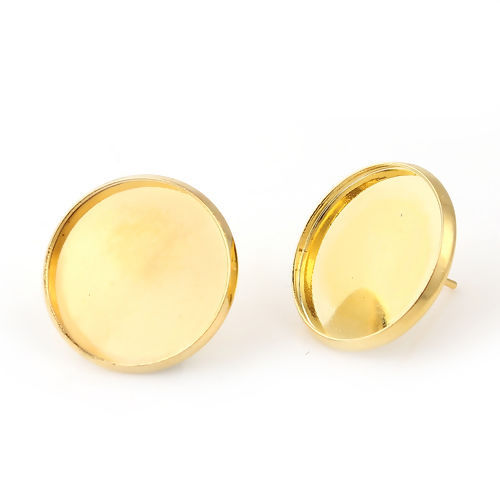 Picture of Brass Ear Post Stud Earrings Findings Round Gold Plated Cabochon Settings (Fit 18mm Dia.) 20mm( 6/8") x 14mm( 4/8"), Post/ Wire Size: (20 gauge), 10 PCs                                                                                                      