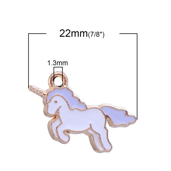 Bild von Zinklegierung Charms Pferd Vergoldet Weiß & Violett Emaille 22mm x 12mm, 20 Stück