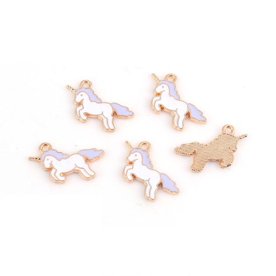 Picture of Zinc Based Alloy Charms Horse Gold Plated White & Purple Enamel 22mm( 7/8") x 12mm( 4/8"), 20 PCs