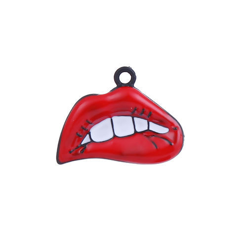 Picture of Zinc Based Alloy Charms Lip Black White & Red 28mm(1 1/8") x 22mm( 7/8"), 5 PCs