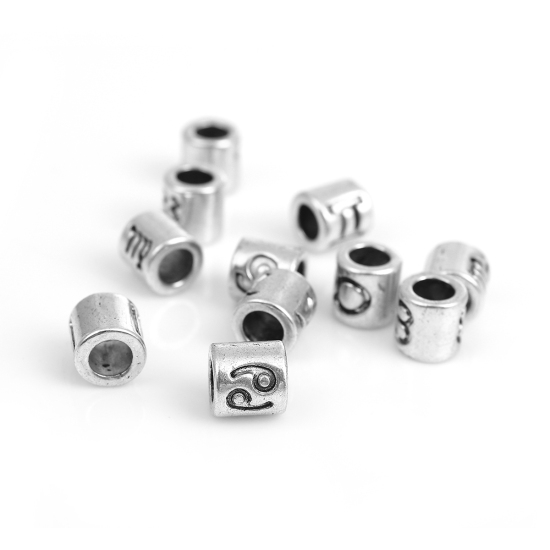 Image de Perles à Gros Trou au Style Européen en Alliage de Zinc Colonne Argent Vieilli Constellation Couleur au Hasard Env. 7.5mm x 7.5mm, Tailles de Trous: 4.3mm, 36 Pcs