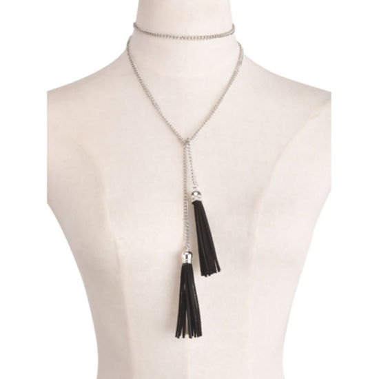 Изображение Y-Образный Ожерелье Лассо Кисточка Серебряный Тон Черный 118см длина, 1 ШТ