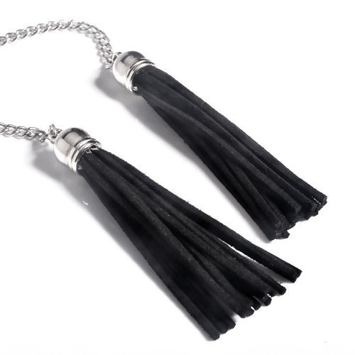 Picture of Y Shaped Lariat Necklace Tassel Silver Tone Black 118cm(46 4/8") long, 1 Piece