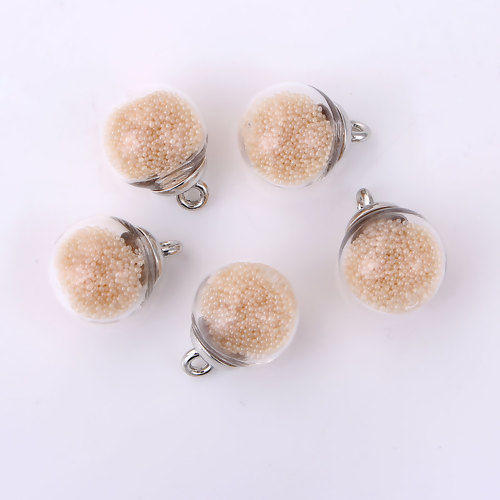 Picture of Transparent Glass Globe Bubble Bottle Charms Round Beige 22mm( 7/8") x 16mm( 5/8"), 10 PCs