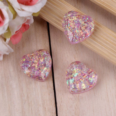 Bild von Harz AB Regenbogenfarbe Nordlicht Dom Cabochon Verzierung Herz Helllila Paillette Facettiert 19mm x 19mm, 5 Stück