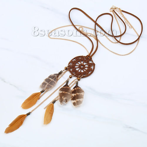 Picture of Multilayer Layered Necklace Gold Plated Brown Feather Dreamcatcher 69cm(27 1/8") long, 1 Piece