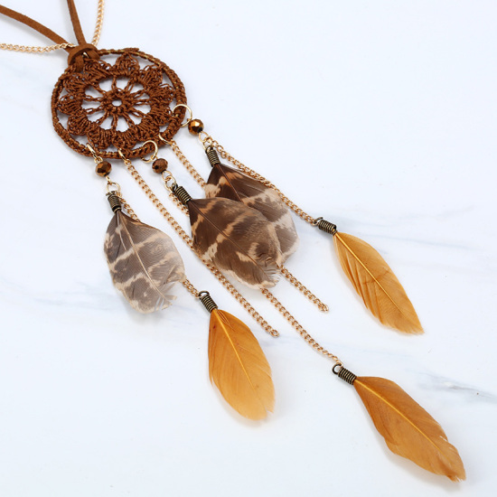 Picture of Multilayer Layered Necklace Gold Plated Brown Feather Dreamcatcher 69cm(27 1/8") long, 1 Piece