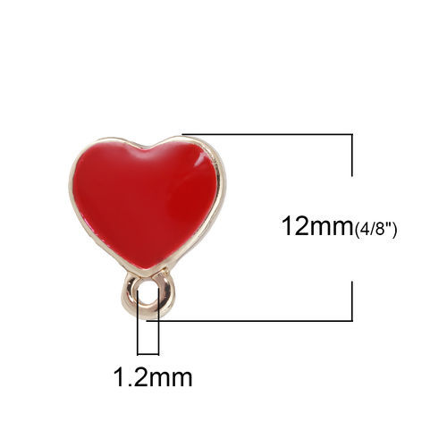 Picture of Zinc Based Alloy Ear Post Stud Earrings Findings Heart Gold Plated Red Enamel W/ Loop 12mm x 11mm, Post/ Wire Size: (21 gauge), 10 PCs