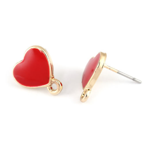 Picture of Zinc Based Alloy Ear Post Stud Earrings Findings Heart Gold Plated Red Enamel W/ Loop 12mm x 11mm, Post/ Wire Size: (21 gauge), 10 PCs