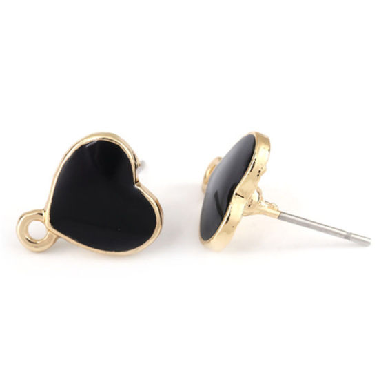 Picture of Zinc Based Alloy Ear Post Stud Earrings Findings Heart Gold Plated Red Enamel W/ Loop 12mm x 11mm, Post/ Wire Size: (21 gauge), 10 PCs