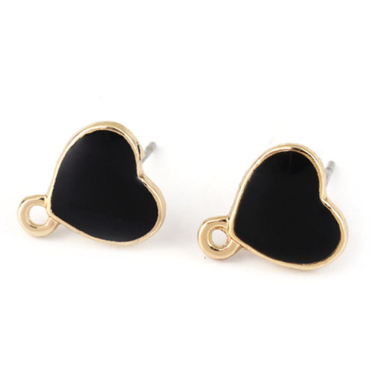 Picture of Zinc Based Alloy Ear Post Stud Earrings Findings Heart Gold Plated Red Enamel W/ Loop 12mm x 11mm, Post/ Wire Size: (21 gauge), 10 PCs