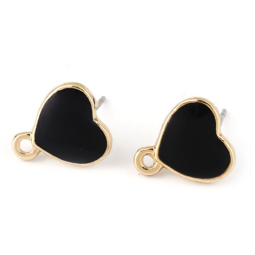 Picture of Zinc Based Alloy Ear Post Stud Earrings Findings Heart Gold Plated Black Enamel W/ Loop 12mm x 11mm, Post/ Wire Size: (21 gauge), 10 PCs