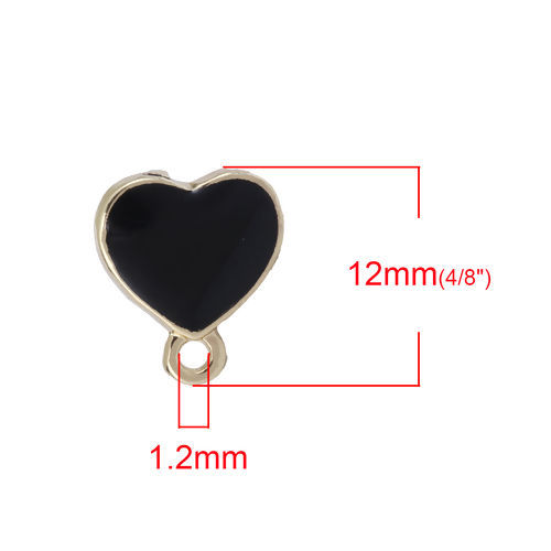 Picture of Zinc Based Alloy Ear Post Stud Earrings Findings Heart Gold Plated Black Enamel W/ Loop 12mm x 11mm, Post/ Wire Size: (21 gauge), 10 PCs