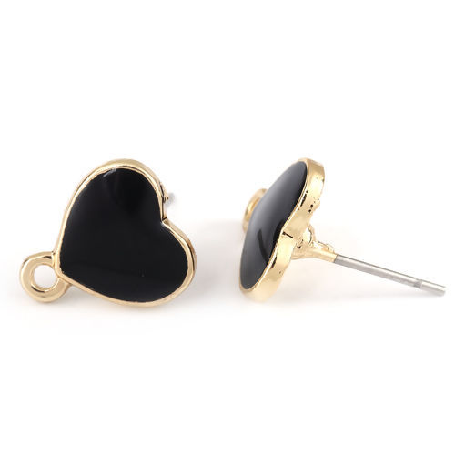 Picture of Zinc Based Alloy Ear Post Stud Earrings Findings Heart Gold Plated Black Enamel W/ Loop 12mm x 11mm, Post/ Wire Size: (21 gauge), 10 PCs