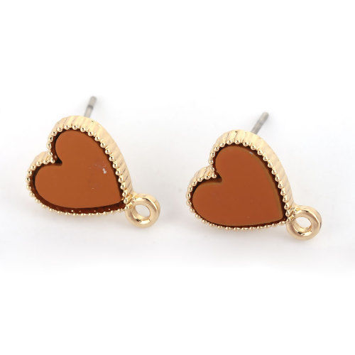 Picture of Zinc Based Alloy & Resin Ear Post Stud Earrings Findings Heart Gold Plated Light Brown W/ Loop 13mm x 11mm, Post/ Wire Size: (21 gauge), 10 PCs