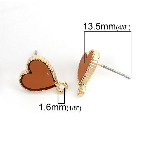 亜鉛合金+樹脂 イヤリング イヤリングパーツ ハート 金メッキ ライトブラウン ループ付き 13mm x 11mm、 ワイヤーサイズ: （21号）、 10 個 の画像