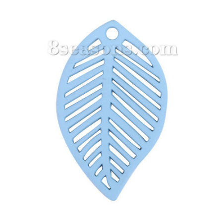 Picture of Zinc Based Alloy Charms Leaf Blue Hollow 28mm(1 1/8") x 17mm( 5/8"), 10 PCs