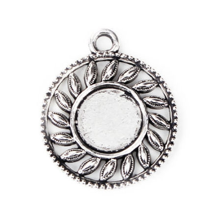 Picture of Zinc Based Alloy Pendants Round Disc Antique Silver Color Sun Cabochon Settings (Fits 14mm Dia.) 35mm x 29mm, 10 PCs