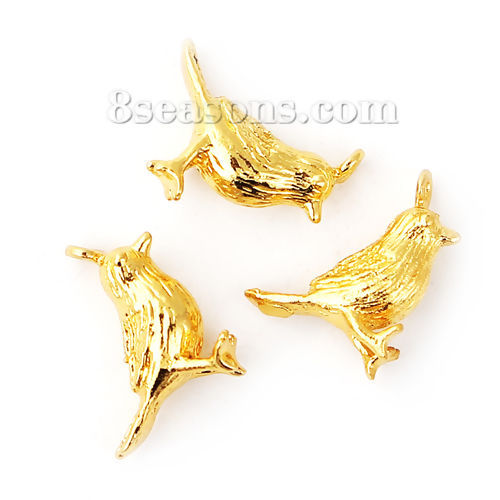 Bild von Messing 3D Charms Vögel Vergoldet 12mm x 10mm, 5 Stück