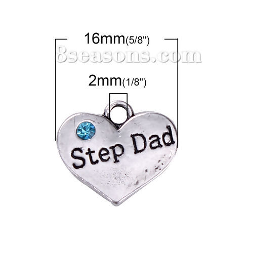 Bild von Zinklegierung Charms Herz Antiksilber Message " Step Dad " Blau Strass 16mm x 14mm, 10 Stück