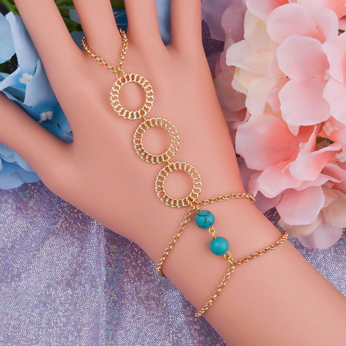 Picture of Metallic Wire Hand Chain Slave Ring Bracelet Gold Plated Green Circle Ring Imitation Turquoise 15cm(5 7/8") long, 1 Piece