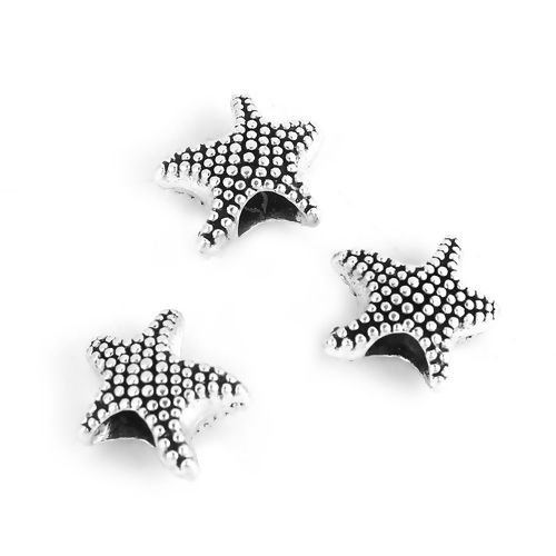 Imagen de Zamak Cuentas Estrella de mar Plata Antigua 13mm x 13mm, Agujero: Aprox 4.6mm, 50 Unidades