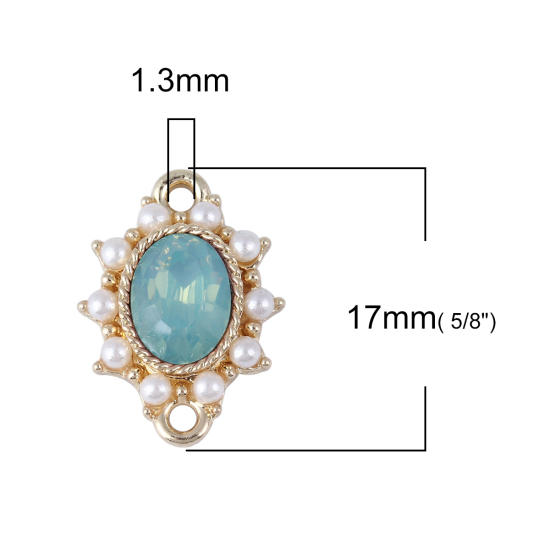 Picture of Zinc Based Alloy Style Of Royal Court Character Connectors Oval Gold Plated White Imitation Pearl Green Rhinestone 17mm x 13mm, 5 PCs