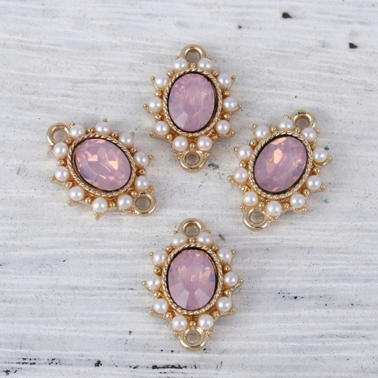 Picture of Zinc Based Alloy Style Of Royal Court Character Connectors Oval Gold Plated White Imitation Pearl Pink Rhinestone 17mm x 13mm, 5 PCs