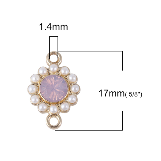 Immagine di Lega di Zinco Stile del Carattere della Corte Reale Connettore Accessori Tondo Oro Placcato Bianco Imitata Perla Roso Strass 17mm x 11mm, 5 Pz