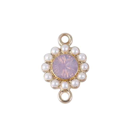 Immagine di Lega di Zinco Stile del Carattere della Corte Reale Connettore Accessori Tondo Oro Placcato Bianco Imitata Perla Roso Strass 17mm x 11mm, 5 Pz