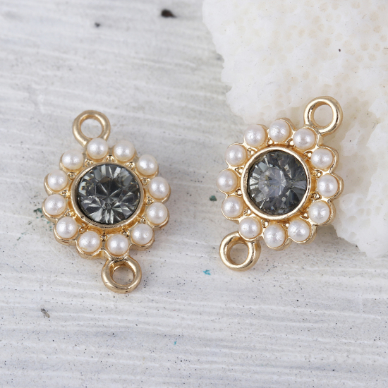 Immagine di Lega di Zinco Stile del Carattere della Corte Reale Connettore Accessori Tondo Oro Placcato Bianco Imitata Perla Grigio Strass 17mm x 11mm, 5 Pz