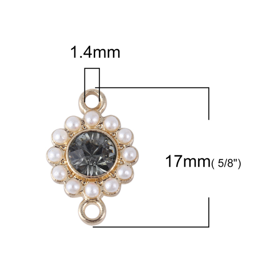 Immagine di Lega di Zinco Stile del Carattere della Corte Reale Connettore Accessori Tondo Oro Placcato Bianco Imitata Perla Grigio Strass 17mm x 11mm, 5 Pz